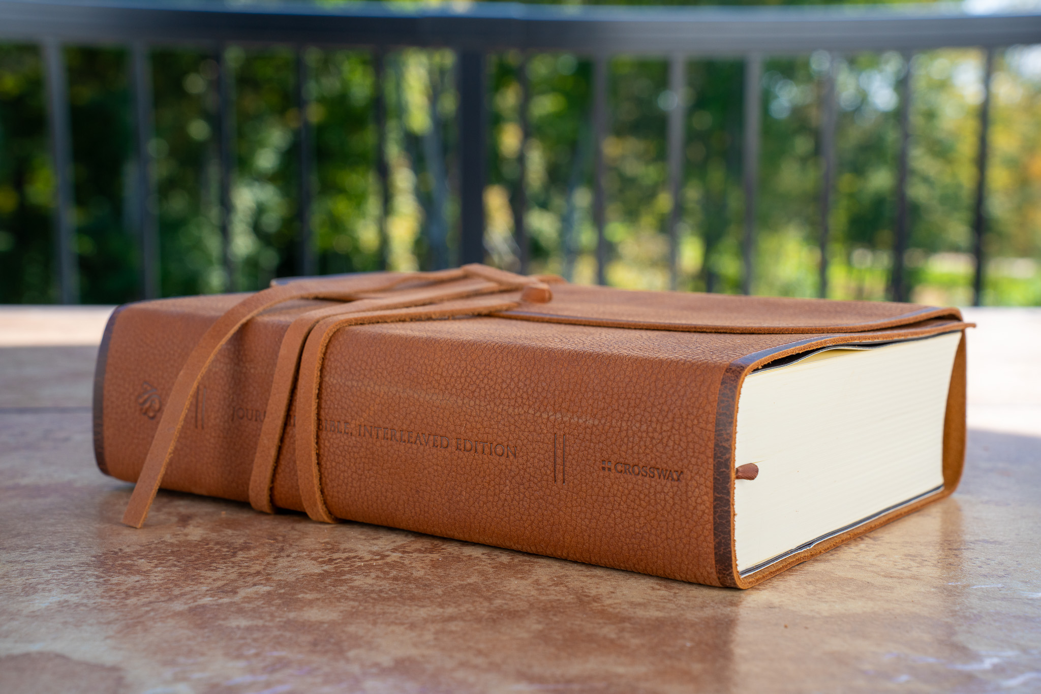 DSC00017 Toms Theology Blog Brown leather bound Bible with a strap resting on a wooden table outdoors blurred green fence in the background